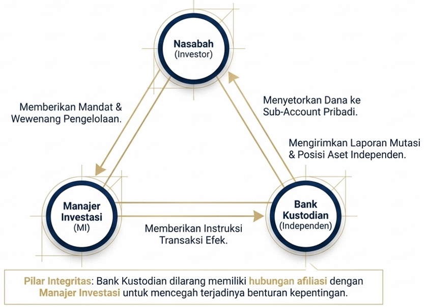 Diagram segitiga hubungan Nasabah (Investor), Manajer Investasi (MI), dan Bank Kustodian (Independen). Nasabah memberikan mandat dan wewenang pengelolaan kepada Manajer Investasi serta menyetorkan dana ke sub-account pribadi di Bank Kustodian. Manajer Investasi memberikan instruksi transaksi efek kepada Bank Kustodian. Bank Kustodian mengirimkan laporan mutasi dan posisi aset independen kepada Nasabah.